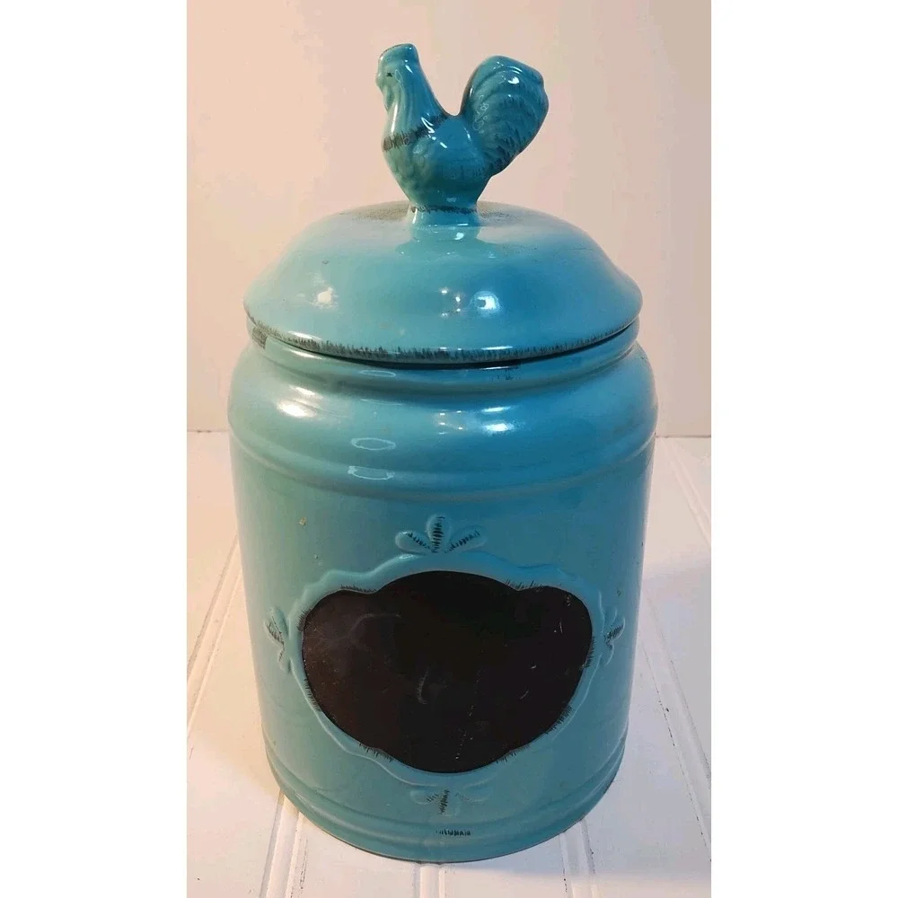 Valencia Collection Aqua Blu Canister Air Tight Rooster Lids & Chalkboard Front